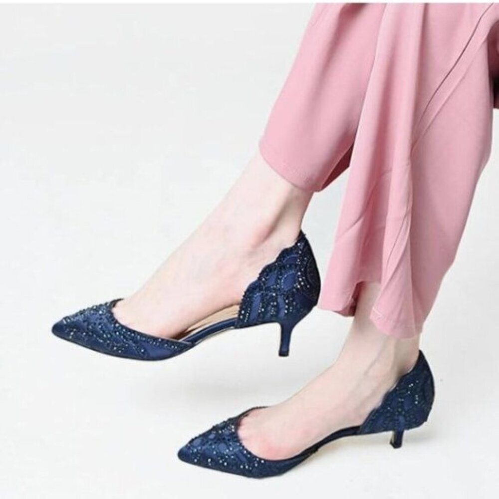 XYD Navy Elegant Pointed Toe D'Orsay Kitten Heel Rhinestone Studs Wedding Pump